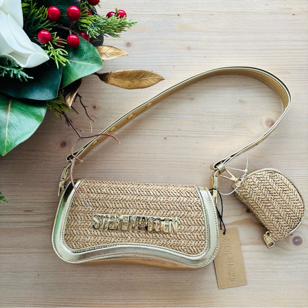 Steve Madden Women’s Woven Gold and Tan Shoulder Bag DT625515 MSRP $88